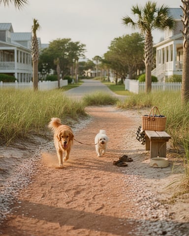 Two dogs on sandy beach path lined with palm trees and coastal homes with white picket fences