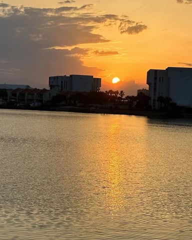 Sunset over calm waterfront with silhouetted apartment buildings and palm trees along the shore